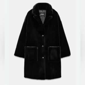 Zara Long Faux Fur Coat Black XS
